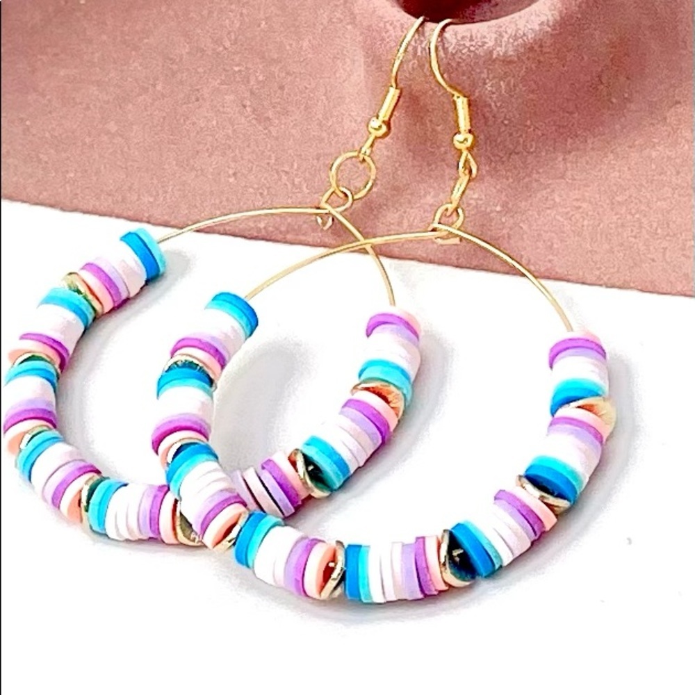 NWT Heishi Bead and Gold Wavy Disc Beads, Gold Hoop Earrings, Handmade​
